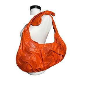 Y2K Orange Slouchy Hobo Shoulder Bag Bow Detail Textured Statement‎